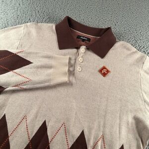 Malbon Knit Sweater Polo Mens L Argyle Collared Long Sleeve Selma Beige Brown